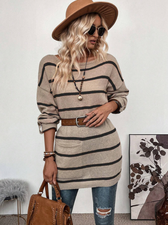 LUNE Striped Pattern Drop Shoulder Pocket Patched Sweater