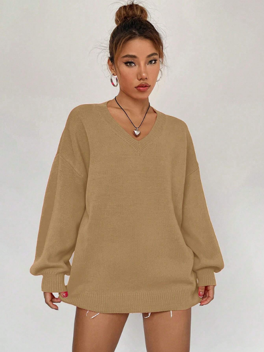 Solid Drop Shoulder V Neck Sweater