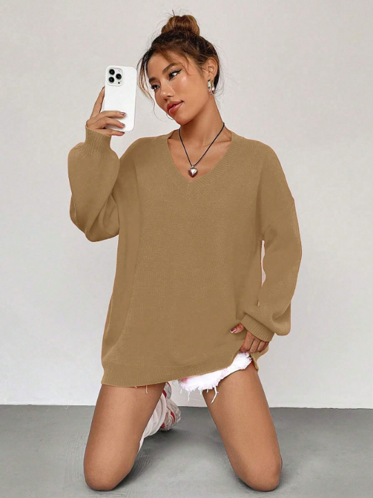 Solid Drop Shoulder V Neck Sweater