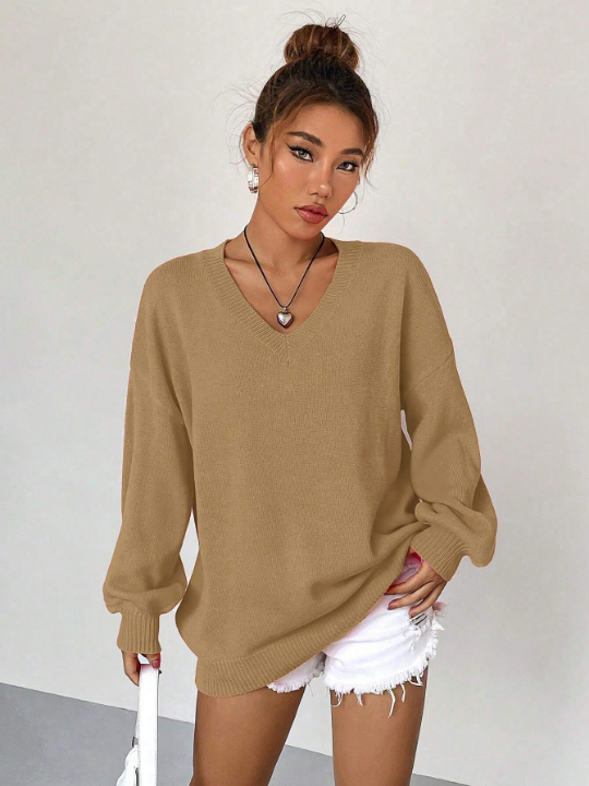 Solid Drop Shoulder V Neck Sweater