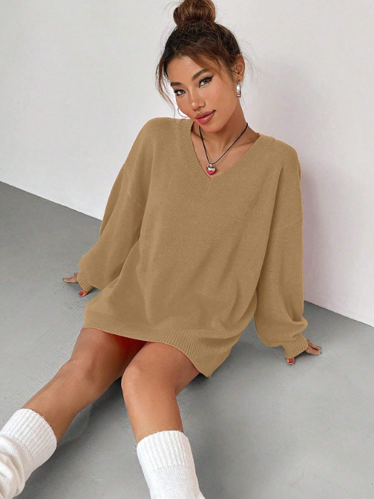 Solid Drop Shoulder V Neck Sweater