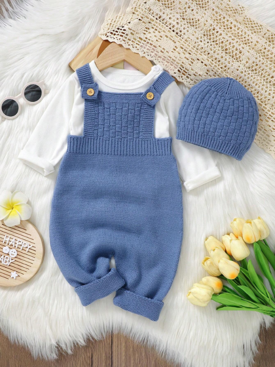 Baby Boy Solid Cable Knit Jumpsuit Without Hat And Tee