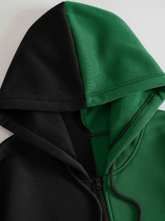 ROMWE Street Life Men Two Tone Cartoon Graphic Zip Up Thermal Lined Hoodie