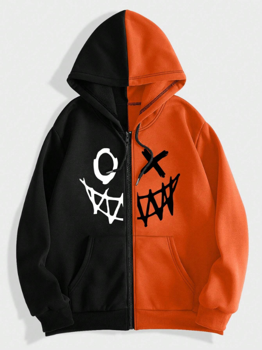 ROMWE Street Life Men Expression Print Two Tone Zip Up Thermal Lined Hoodie