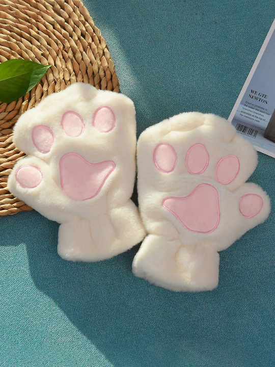 ROMWE Kawaii Cat Paw Design Fuzzy Fingerless Gloves
