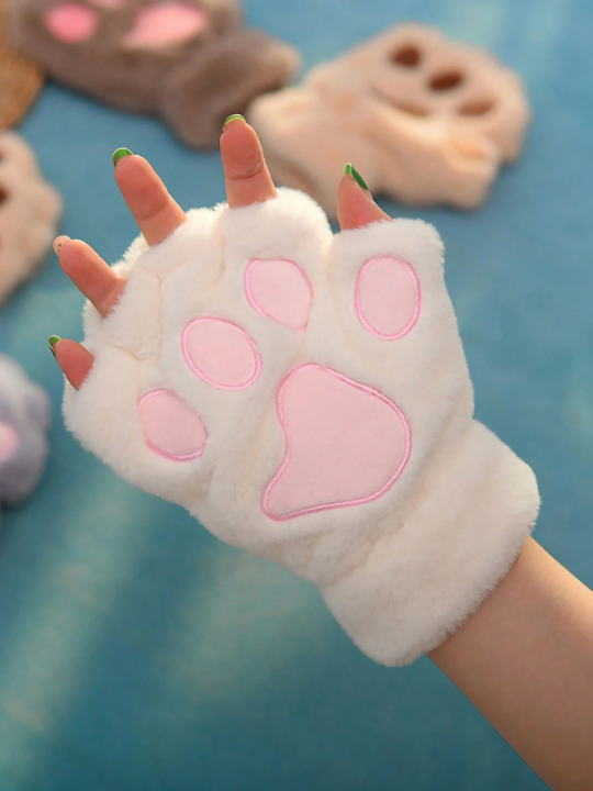 ROMWE Kawaii Cat Paw Design Fuzzy Fingerless Gloves