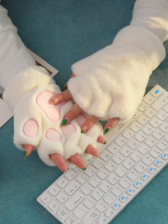 ROMWE Kawaii Cat Paw Design Fuzzy Fingerless Gloves