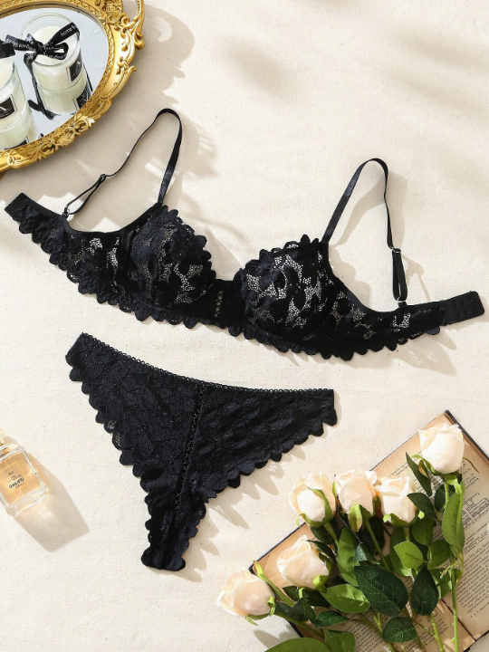 Floral Lace Scallop Trim Underwire Lingerie Set