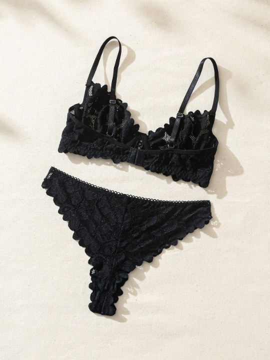 Floral Lace Scallop Trim Underwire Lingerie Set