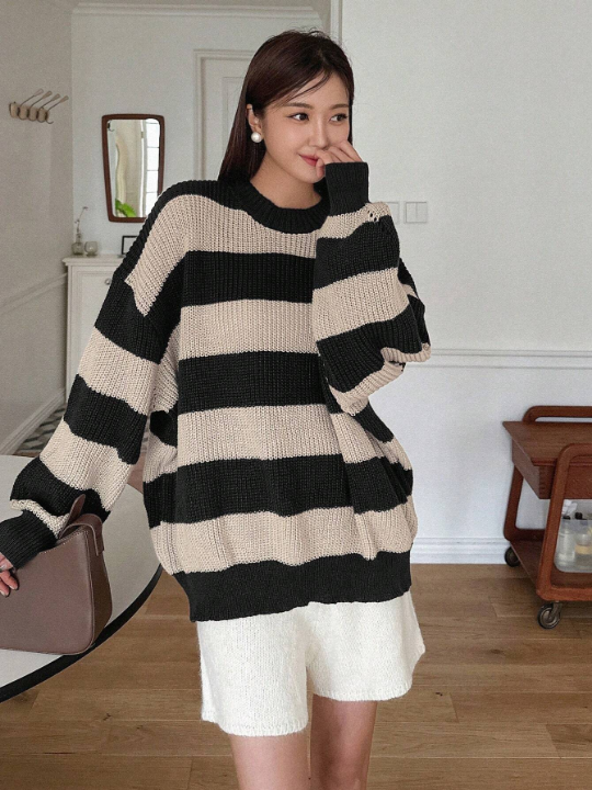 DAZY Striped Pattern Drop Shoulder Sweater