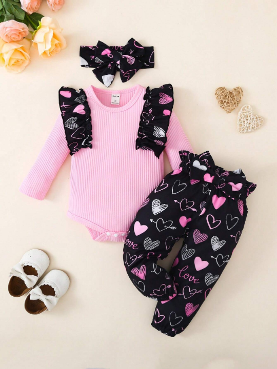 Baby Girl Heart Printed Bodysuit, Pants And Headband Set