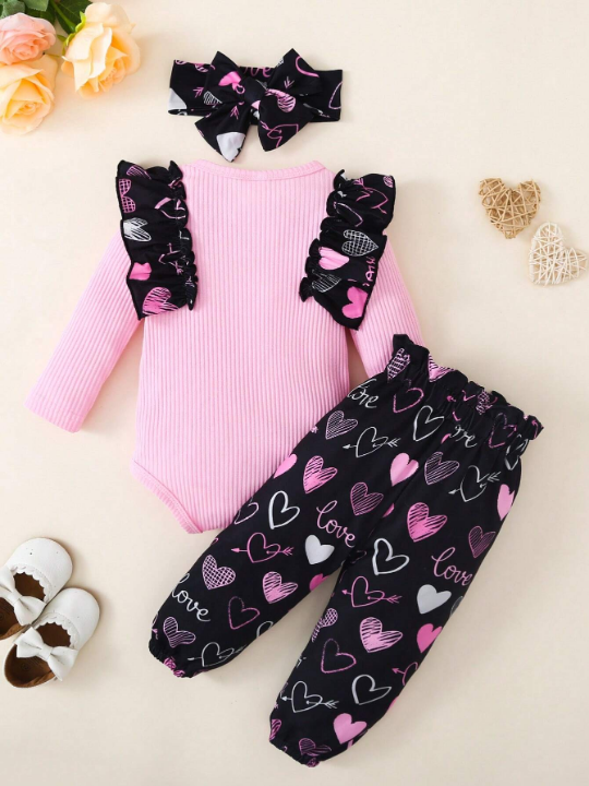 Baby Girl Heart Printed Bodysuit, Pants And Headband Set