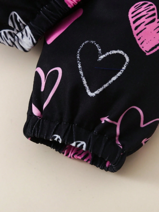 Baby Girl Heart Printed Bodysuit, Pants And Headband Set