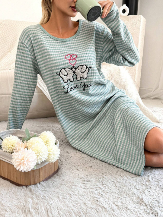 Cottnline Elephant & Letter Embroidery Striped Print Drop Shoulder Nightdress