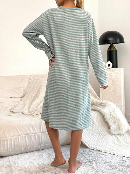 Cottnline Elephant & Letter Embroidery Striped Print Drop Shoulder Nightdress