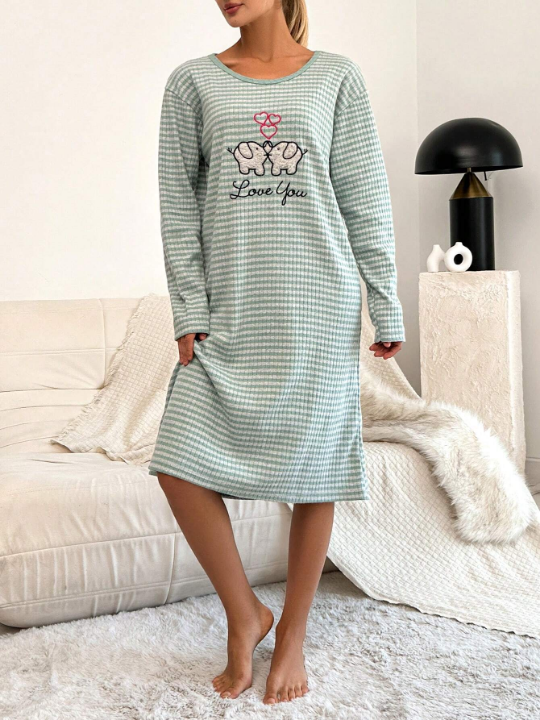 Cottnline Elephant & Letter Embroidery Striped Print Drop Shoulder Nightdress