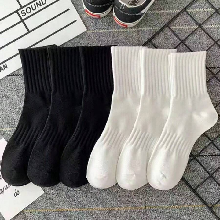 6 Pairs Women's Mid-calf Socks With Black & White Stripes And High Elasticity, Suitable For Daily Wear