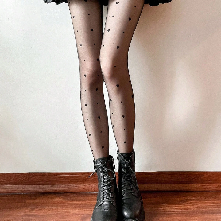 1pc Cute Heart Shaped Pattern Jacquard Bodysuit,jk Style High Waisted Footed Pantyhose, Long Socks & Stockings For Women