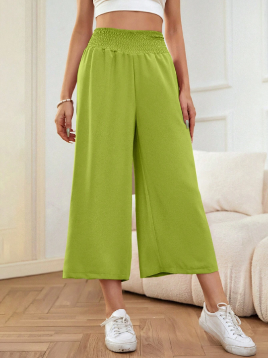 LUNE Solid Shirred Waist Cropped Wide Leg Pants