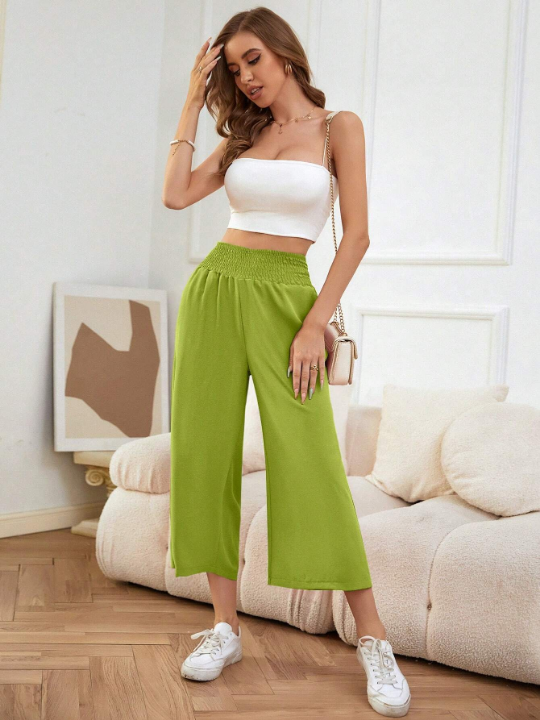 LUNE Solid Shirred Waist Cropped Wide Leg Pants