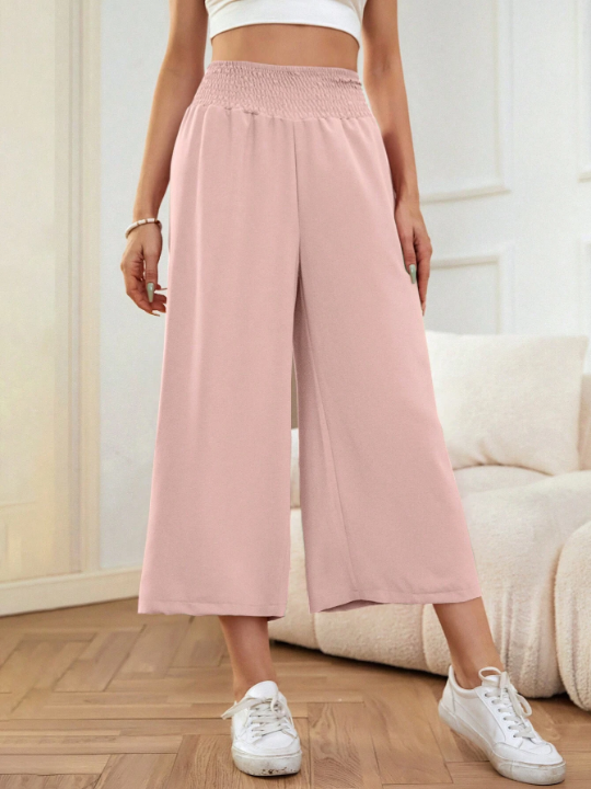 LUNE Solid Shirred Waist Cropped Wide Leg Pants