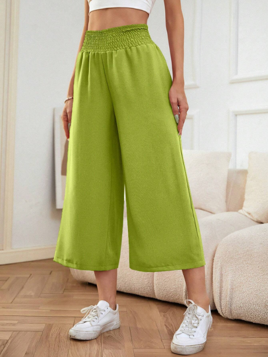 LUNE Solid Shirred Waist Cropped Wide Leg Pants