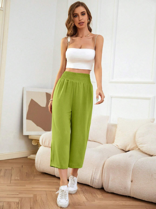 LUNE Solid Shirred Waist Cropped Wide Leg Pants