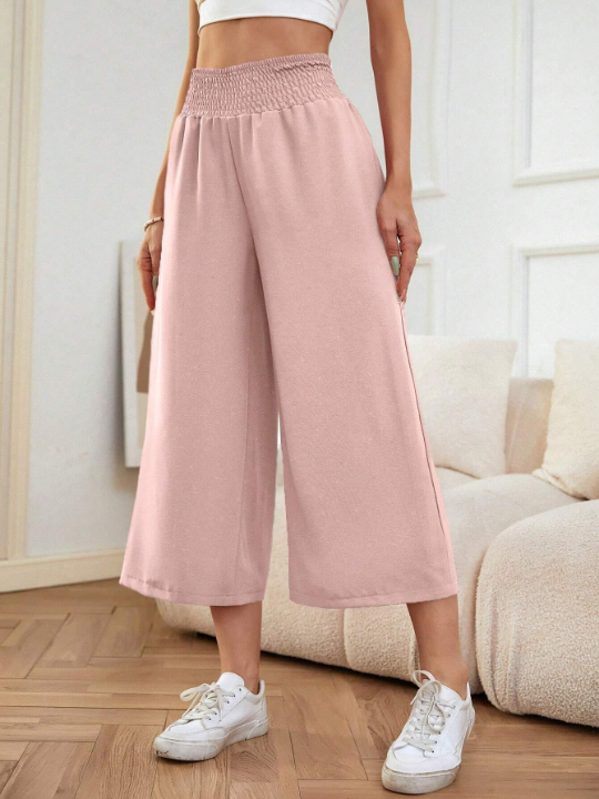 LUNE Solid Shirred Waist Cropped Wide Leg Pants