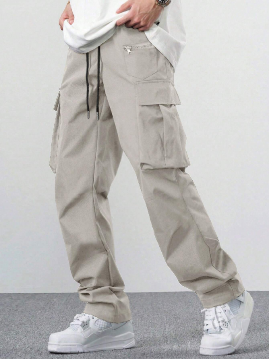 Manfinity Hypemode Loose Fit Men's Drawstring Waist Cargo Pants With Flap Pockets On The Sides