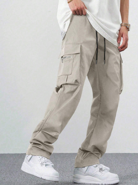 Manfinity Hypemode Loose Fit Men's Drawstring Waist Cargo Pants With Flap Pockets On The Sides