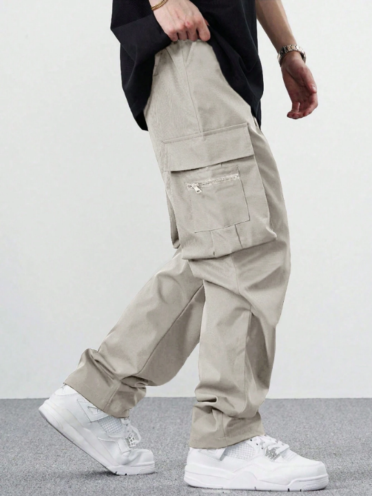 Manfinity Hypemode Loose Fit Men's Drawstring Waist Cargo Pants With Flap Pockets On The Sides
