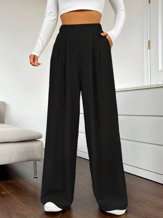 EZwear Spring Dress PantsSolid High Waist Wide Leg Pants