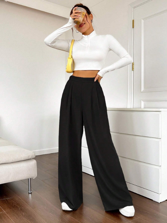 EZwear Spring Dress PantsSolid High Waist Wide Leg Pants