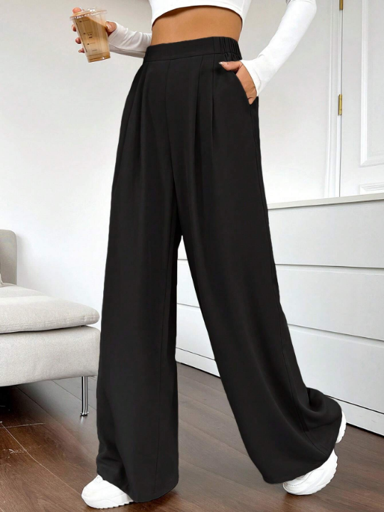 EZwear Spring Dress PantsSolid High Waist Wide Leg Pants