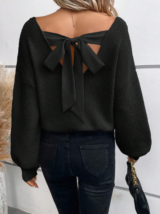 Frenchy Tie Back Drop Shoulder Lantern Sleeve Black Sweater