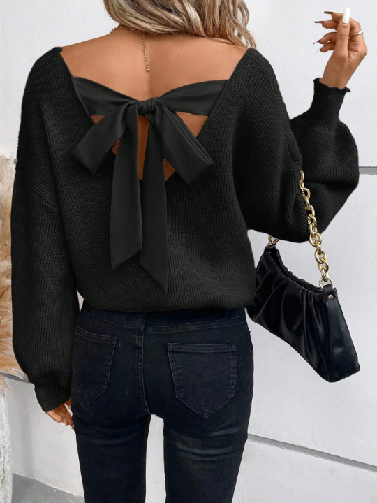 Frenchy Tie Back Drop Shoulder Lantern Sleeve Black Sweater