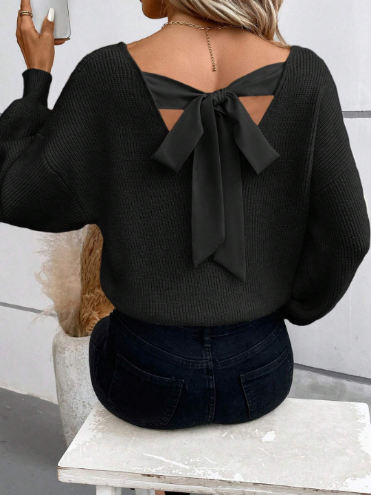 Frenchy Tie Back Drop Shoulder Lantern Sleeve Black Sweater