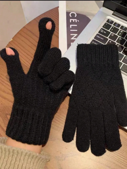 1pc Ladies' Autumn & Winter Warm Knitted Woolen Gloves With Cute Cartoon Design, Half Finger, Touchscreen & Non-slip For Cycling And Mobile Phone Use