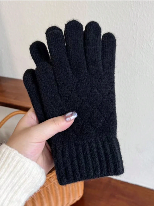 1pc Ladies' Autumn & Winter Warm Knitted Woolen Gloves With Cute Cartoon Design, Half Finger, Touchscreen & Non-slip For Cycling And Mobile Phone Use