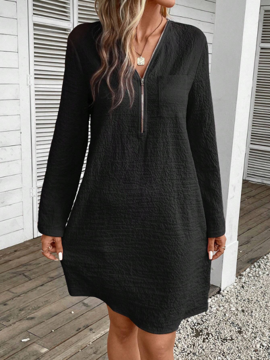 LUNE Roll Tab Sleeve Zip Half Placket Tunic Dress