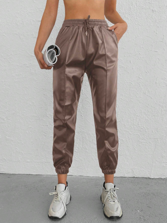 Solid Drawstring Waist Slant Pocket Pants