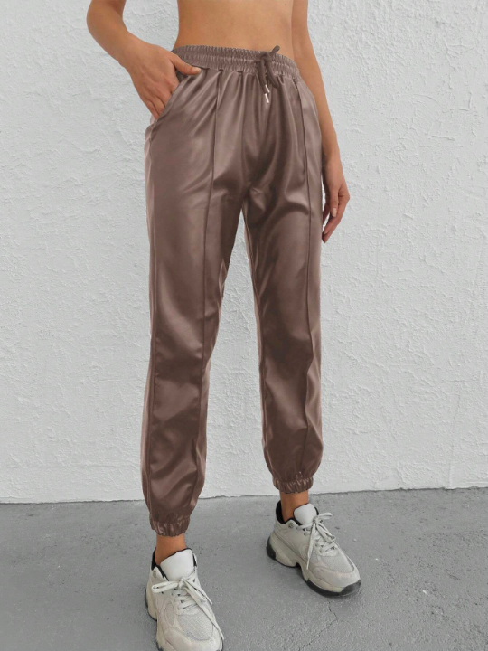 Solid Drawstring Waist Slant Pocket Pants