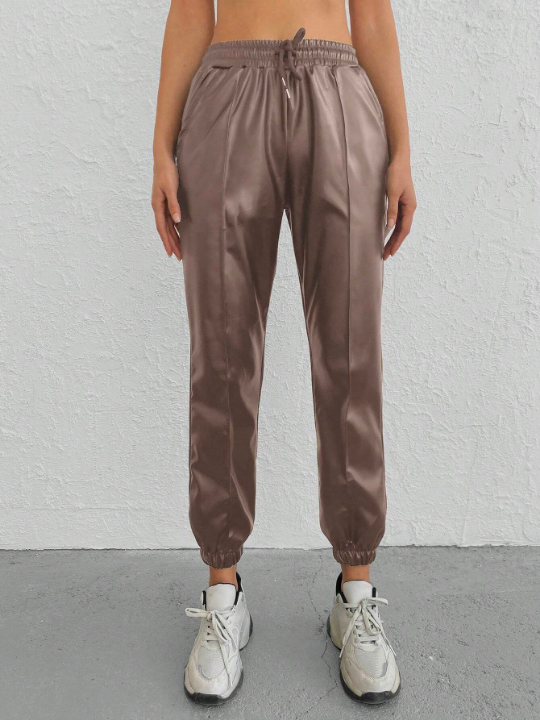 Solid Drawstring Waist Slant Pocket Pants