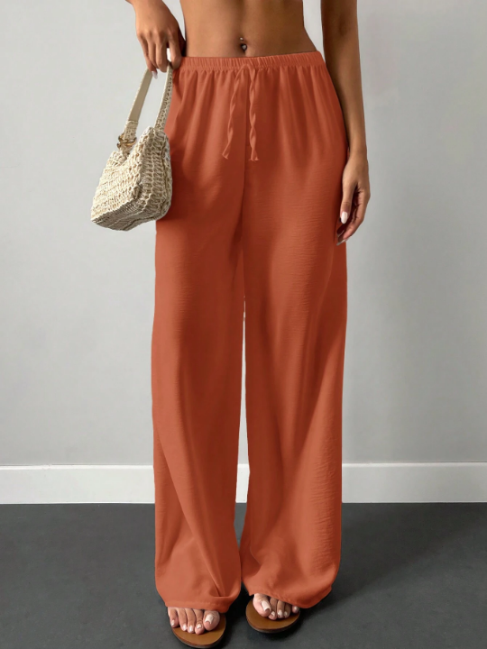 Cottnline Solid Elastic Waist Wide Leg Pants