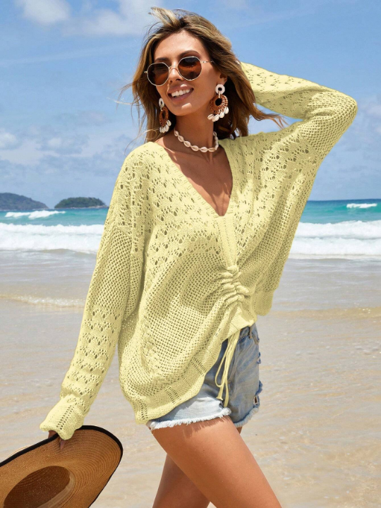 Frenchy Drawstring Front Drop Shoulder Open Knit Sweater