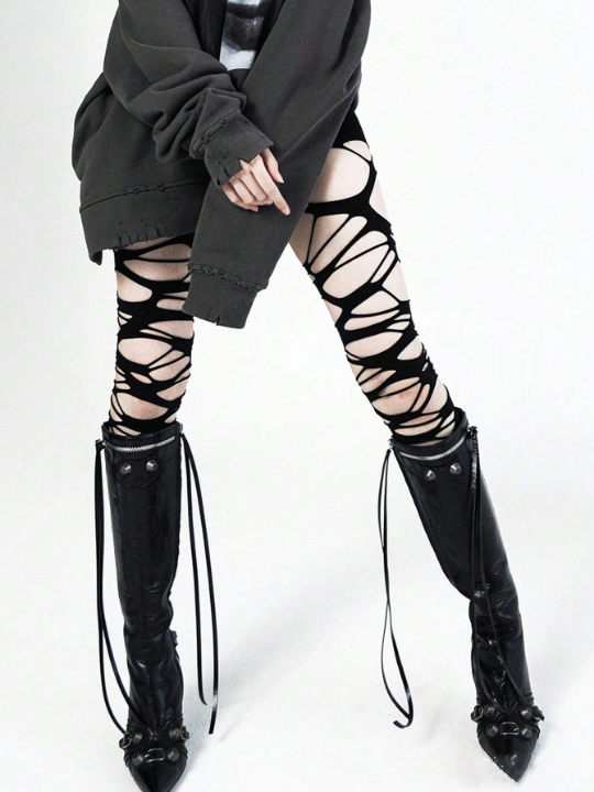 Women's Black Sexy Subculture Y2k Ripped Fishnet Tights Mesh Leggings With Large Holes And Torn Decoration (pantyhose Not Included)