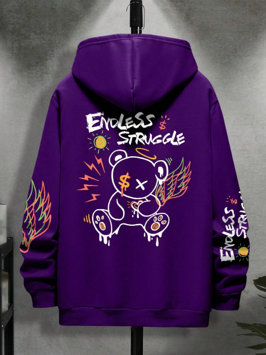 Men Bear & Letter Graphic Drawstring Hoodie