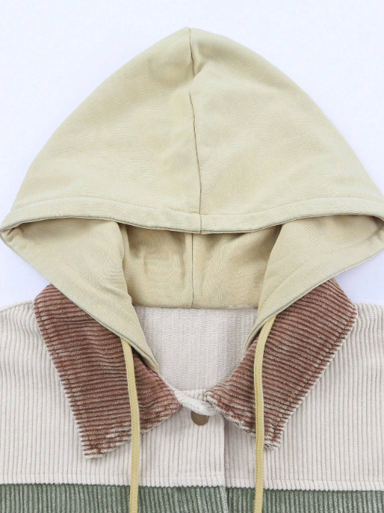 DOKOTOO Colorblock Flap Pocket Drop Shoulder Drawstring Hooded Corduroy Coat