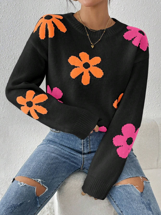 Floral Pattern Drop Shoulder Sweater