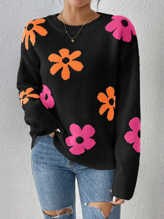 Floral Pattern Drop Shoulder Sweater